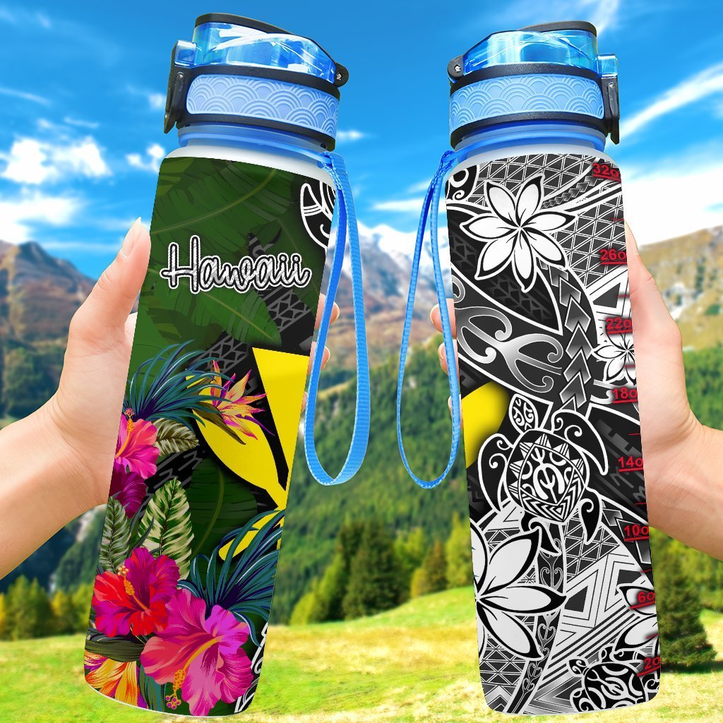 Hawaii Hydro Tracking Bottle - Turtle Plumeria Banana Leaf Hydro Tracking Bottle 32oz Large Black - Polynesian Pride