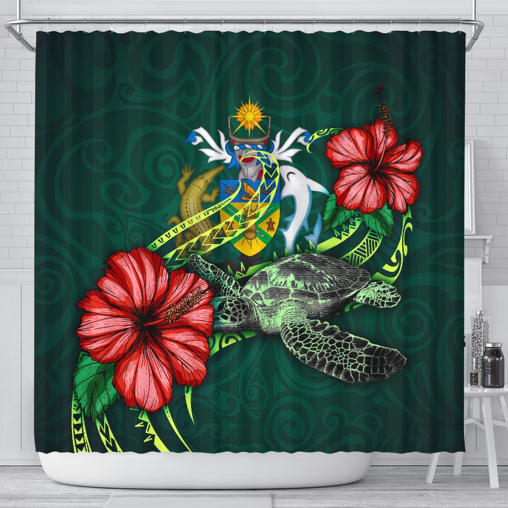 Solomon Islands Polynesian Shower Curtain - Green Turtle Hibiscus 177 x 172 (cm) Green - Polynesian Pride