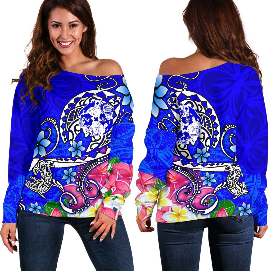 Tonga Women's Off Shoulder Sweater - Turtle Plumeria (Blue) Blue - Polynesian Pride