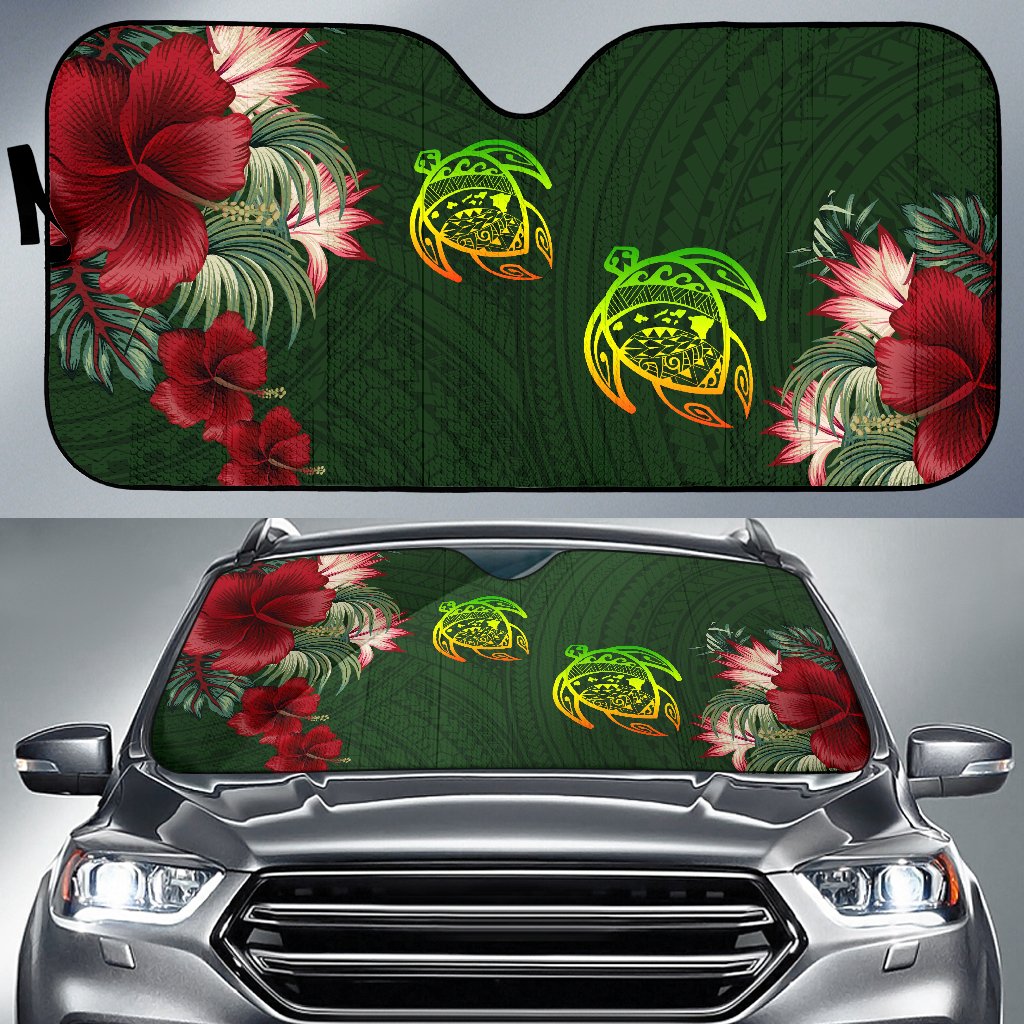 Hawaii Car Sun Shade - Turtle Hibiscus Pattern Hawaiian Car Sun Shade - Green Auto Sun Shades Universal Fit Green - Polynesian Pride