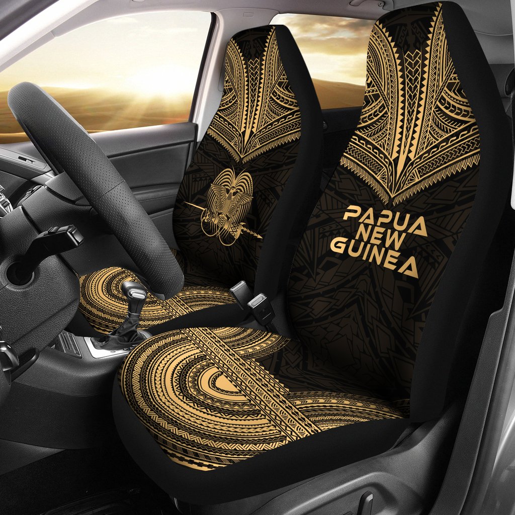 Papua New Guinea Car Seat Cover - Papua New Guinea Coat Of Arms Polynesian Chief Tattoo Gold Version Universal Fit Gold - Polynesian Pride