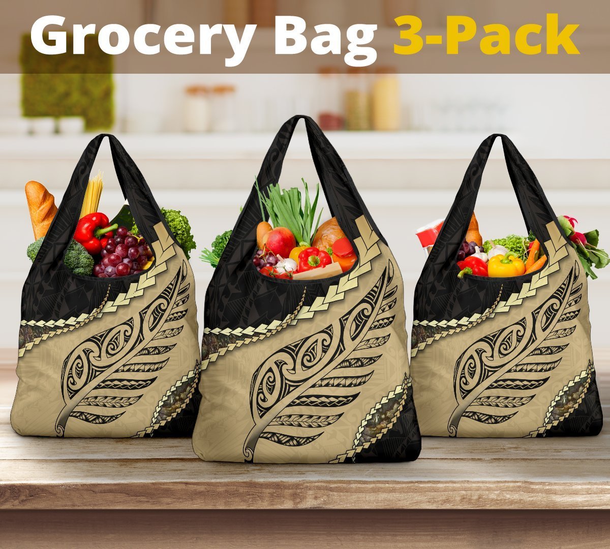 Paua Shell and Maori Silver Fern Grocery Bag - 3 Pack Grocery Bag 3-Pack One Size - Polynesian Pride