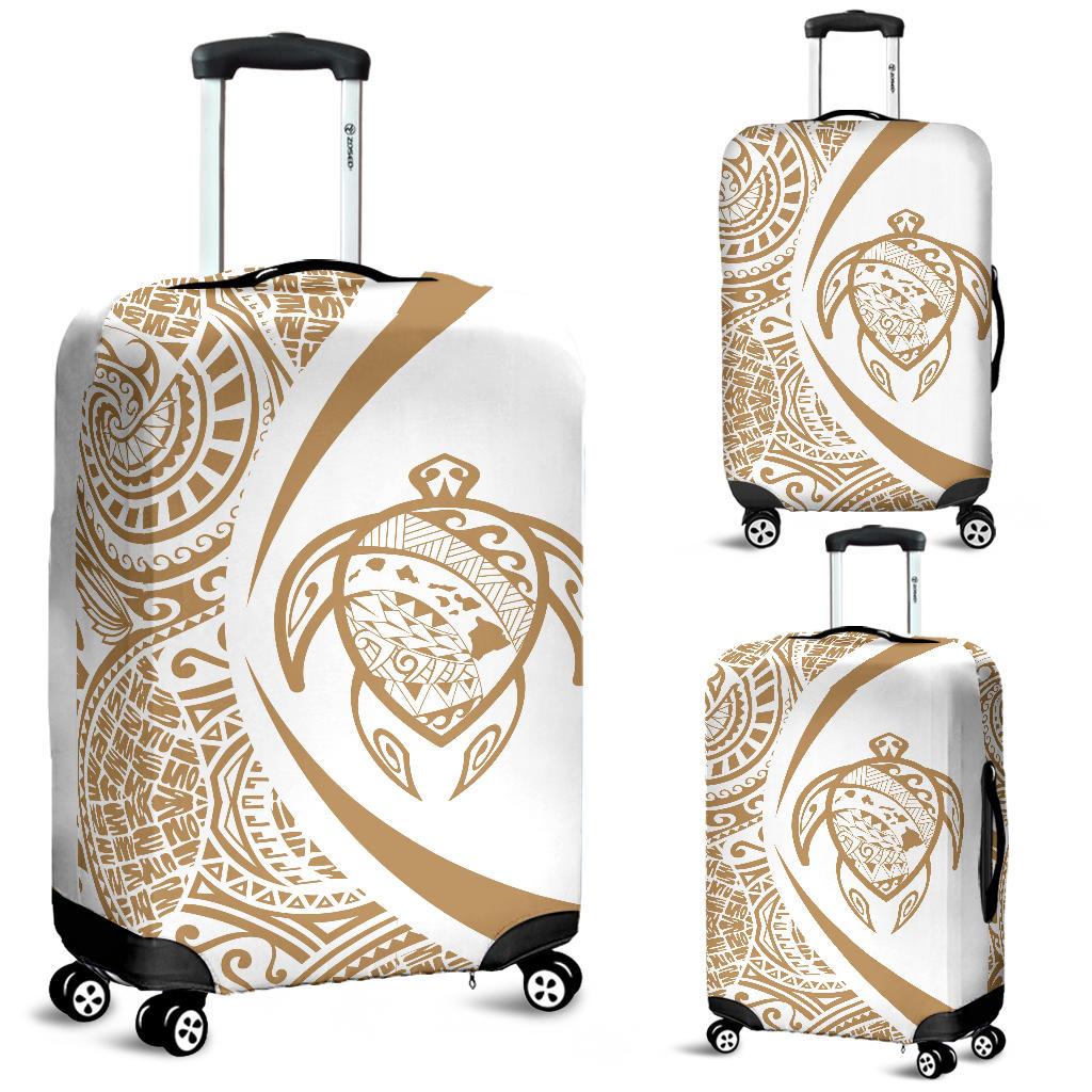 Hawaii Turtle Map Polynesian Luggage Cover - White And Gold - Circle Style White And Gold - Polynesian Pride