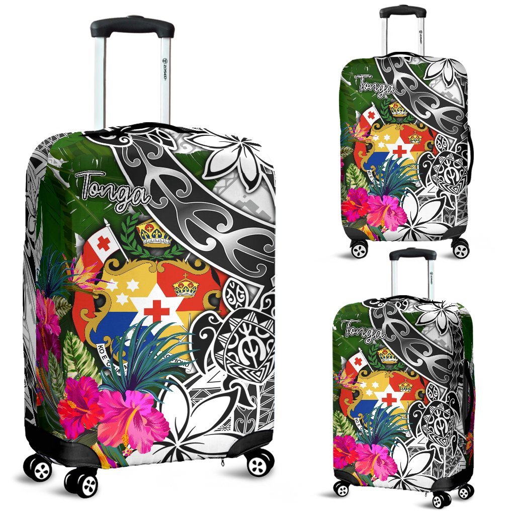 Tonga Luggage Covers White - Turtle Plumeria Banana Leaf White - Polynesian Pride