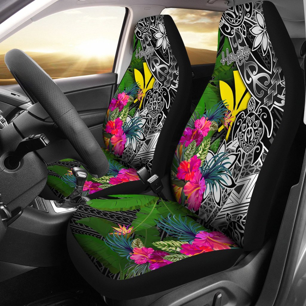 Hawaii Car Seat Covers - Turtle Plumeria Banana Leaf Universal Fit Black - Polynesian Pride