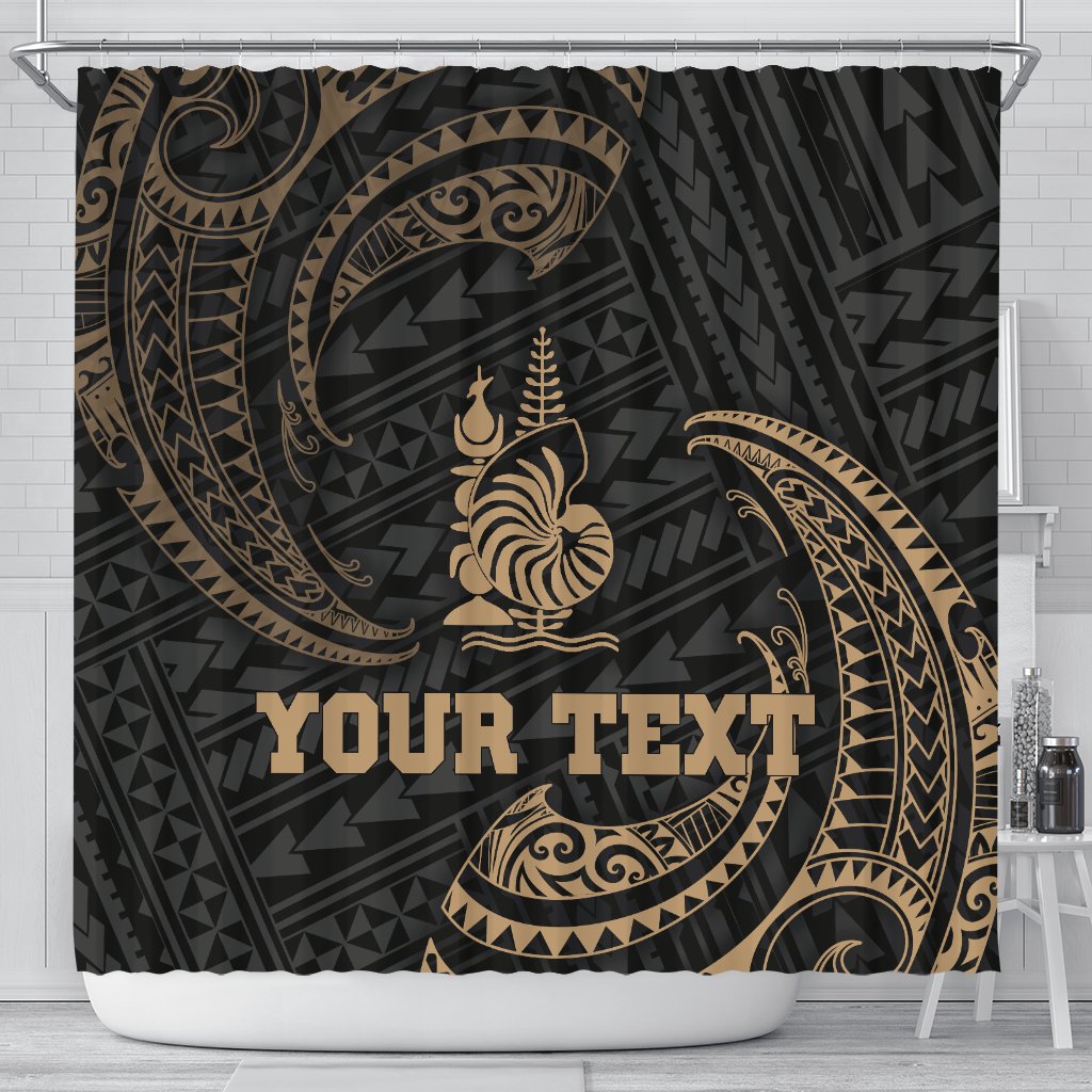 New Caledonia Polynesian Custom Personalised Shower Curtain - Gold Tribal Wave 177 x 172 (cm) Black - Polynesian Pride