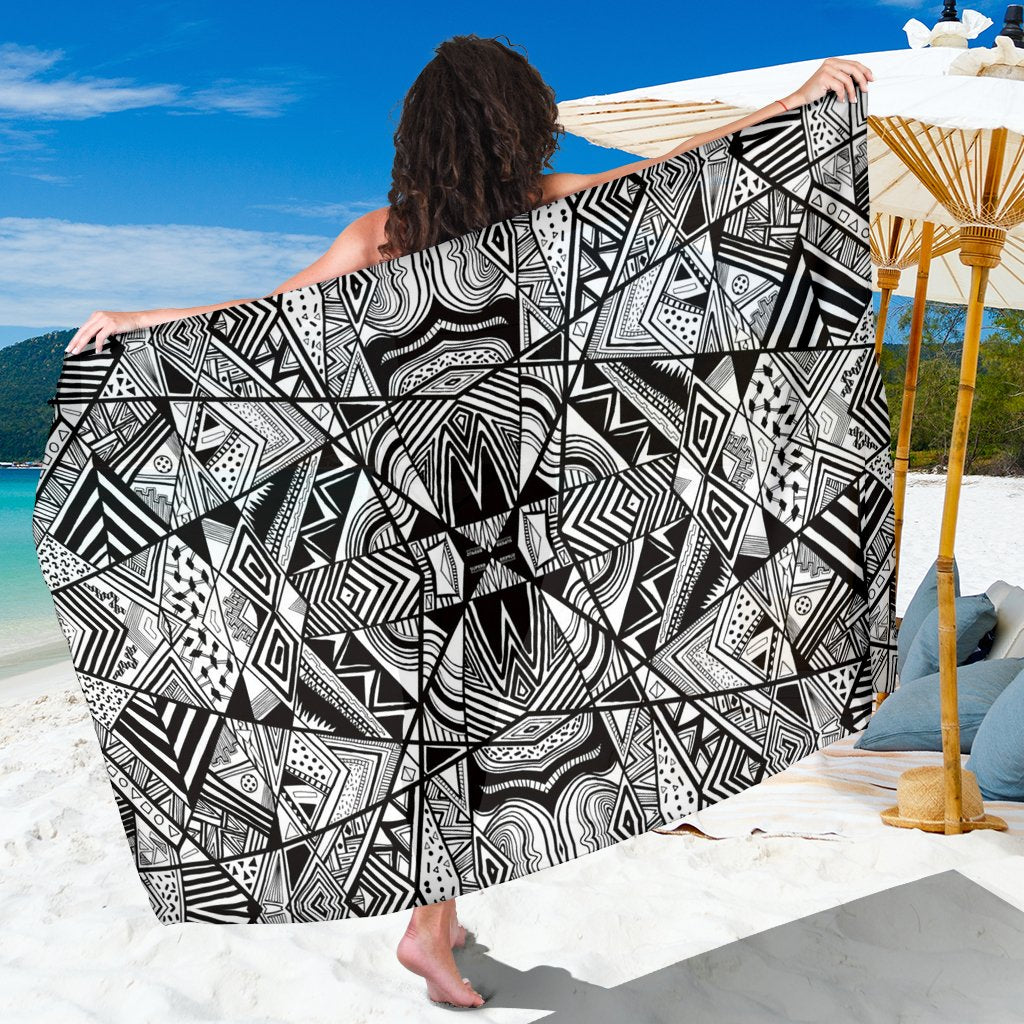 Polynesian Tribal Sarong White And Black Premium Polyester Black One Size - Polynesian Pride