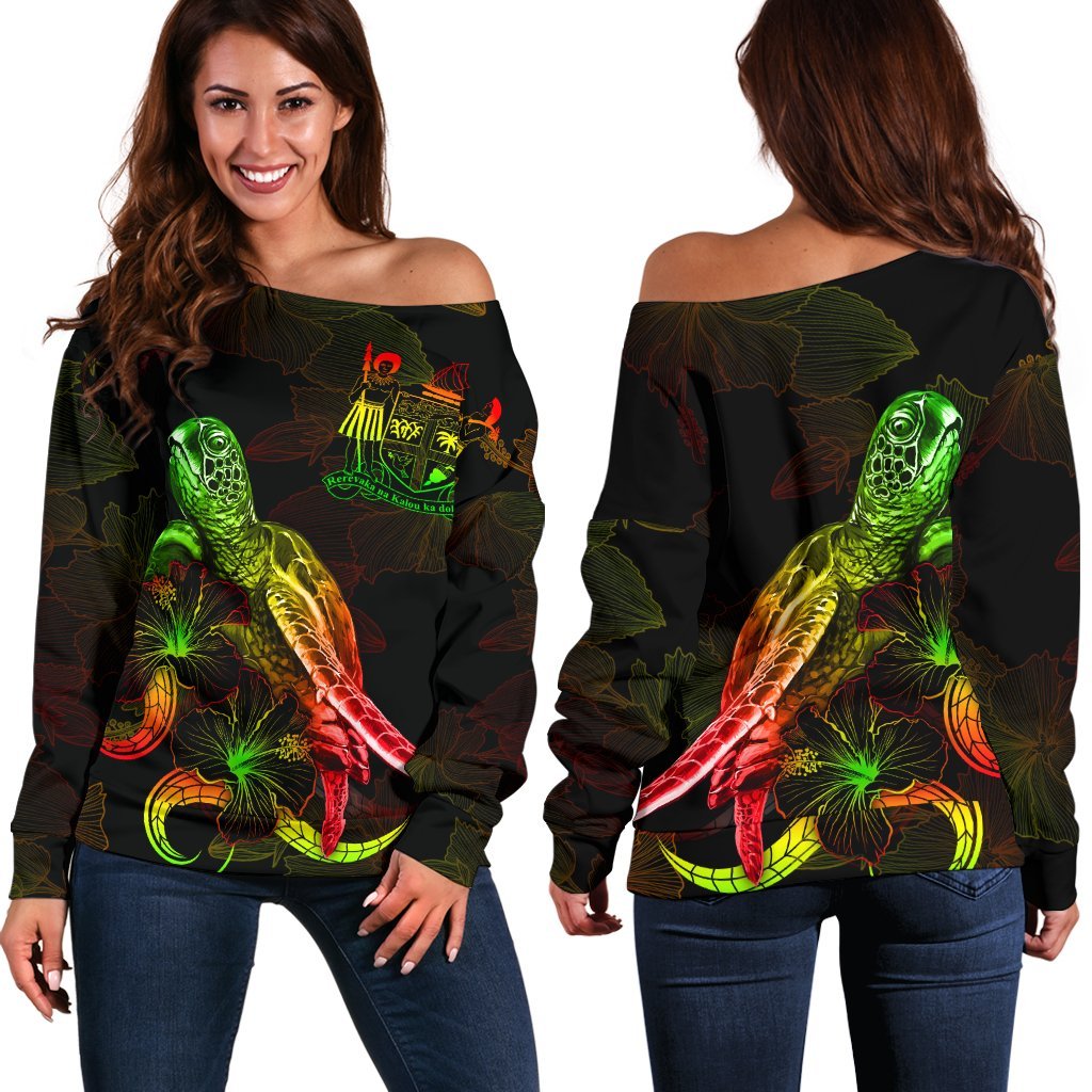 Fiji Polynesian Women's Off Shoulder Sweater - Turtle With Blooming Hibiscus Reggae Art - Polynesian Pride