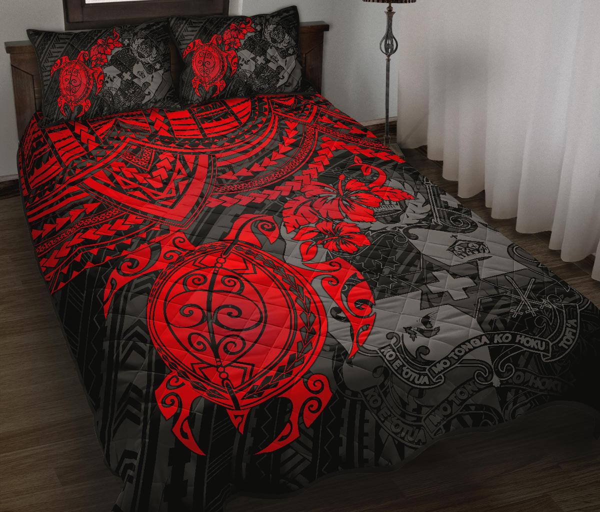 Tonga Polynesian Quilt Bed Set - Tonga Coat Of Arms & Red Turtle Hibiscus RED - Polynesian Pride