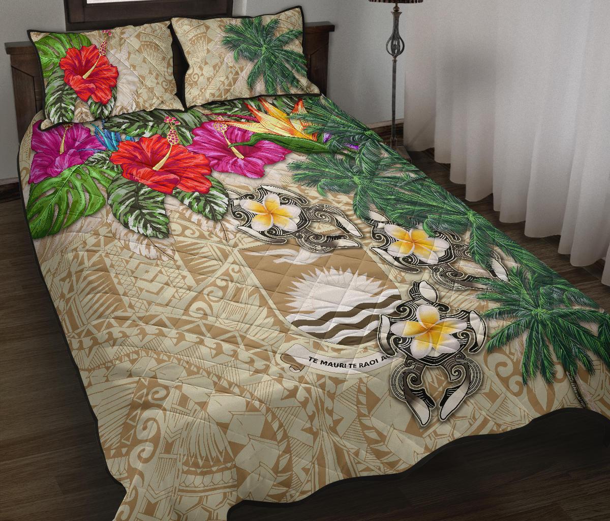 Kiribati Polynesian Quilt Bed Set - Hibiscus Turtle Tattoo Beige Beige - Polynesian Pride