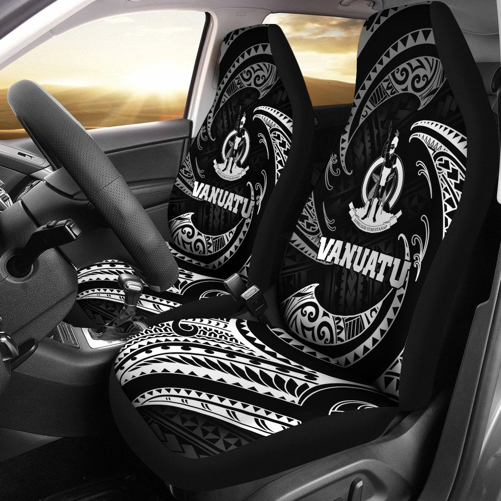 Vanuatu Polynesian Car Seat Covers - White Tribal Wave Universal Fit Black - Polynesian Pride