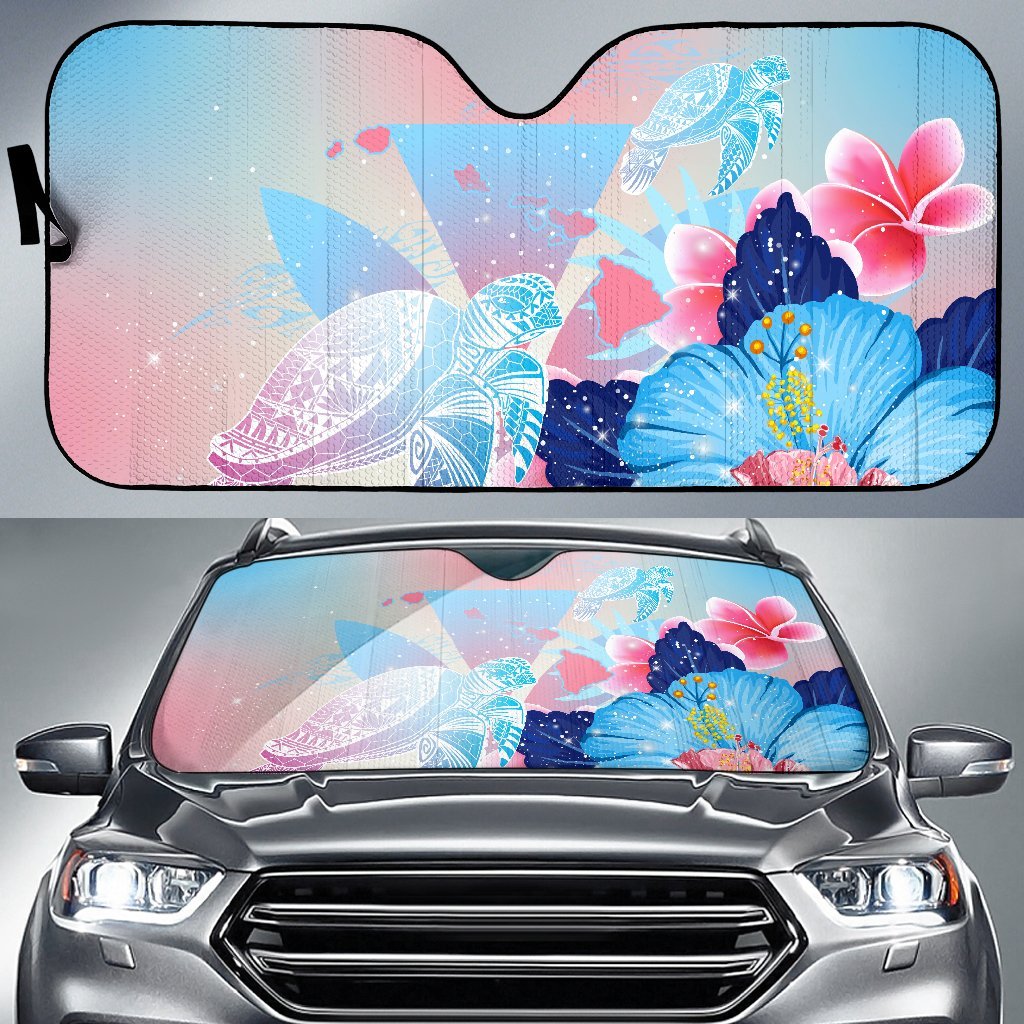 Hawaii Map Kanaka Hibiscus Polynesian Turtle Swimming Car Sun Shade - Sweet Dream Style Auto Sun Shade Universal Fit Pink - Polynesian Pride