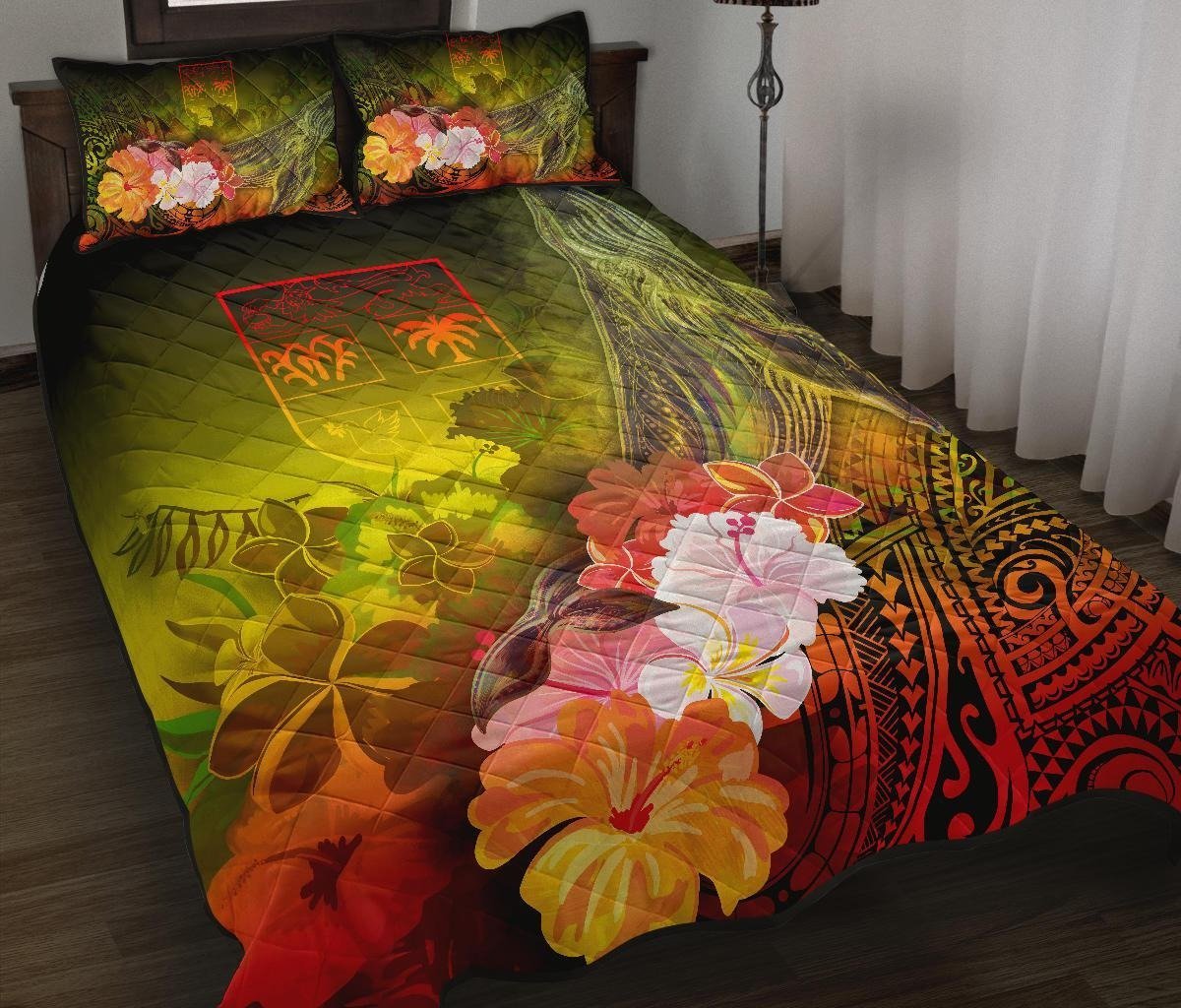 Fiji Quilt Bed Set - Humpback Whale with Tropical Flowers (Yellow) Yellow - Polynesian Pride