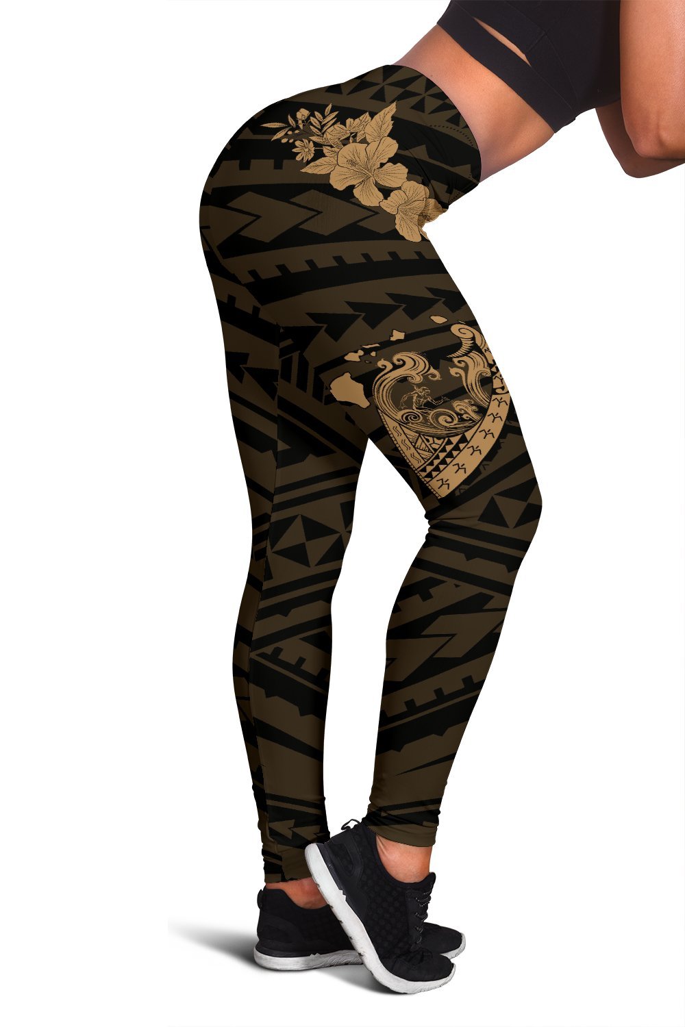 Hawaii Hibiscus Banzai Surfing Women's Legging Gold Black - Polynesian Pride