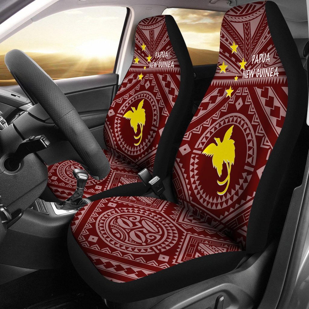 Papua New Guinea Car Seat Covers - Flag With Polynesian Patterns (Red) Universal Fit Red - Polynesian Pride