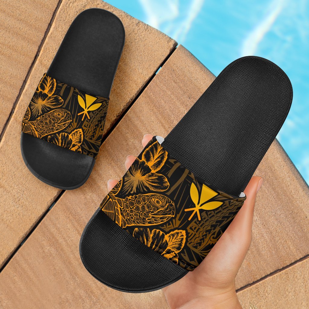 Polynesian Hawaii Sandals - Turtle Hibiscus Pattern Gold Black - Polynesian Pride