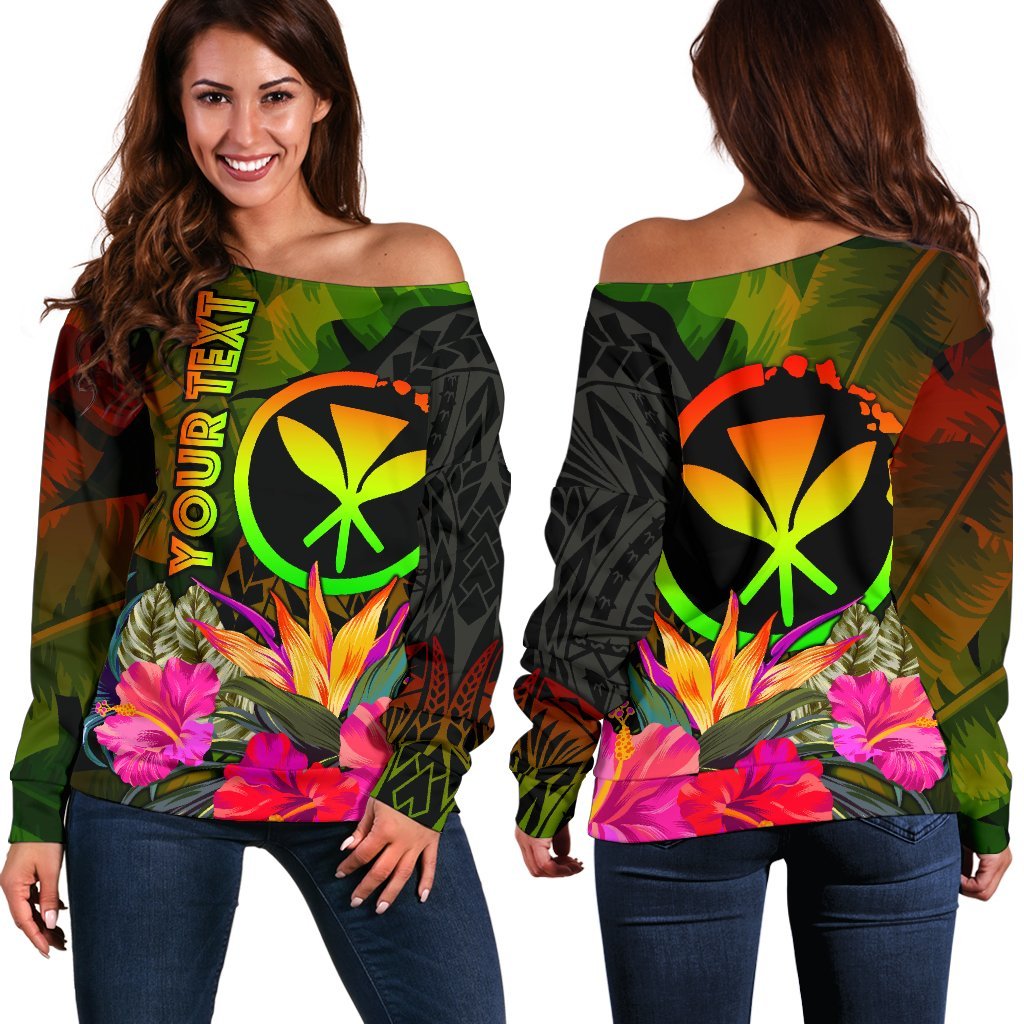 Polynesian Hawaii Kanaka Maoli Polynesian Personalised Women's Off Shoulder Sweater - Hibiscus and Banana Leaves Art - Polynesian Pride