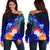 Cook Islands Women's Off Shoulder Sweater - Humpback Whale with Tropical Flowers (Blue) - Polynesian Pride