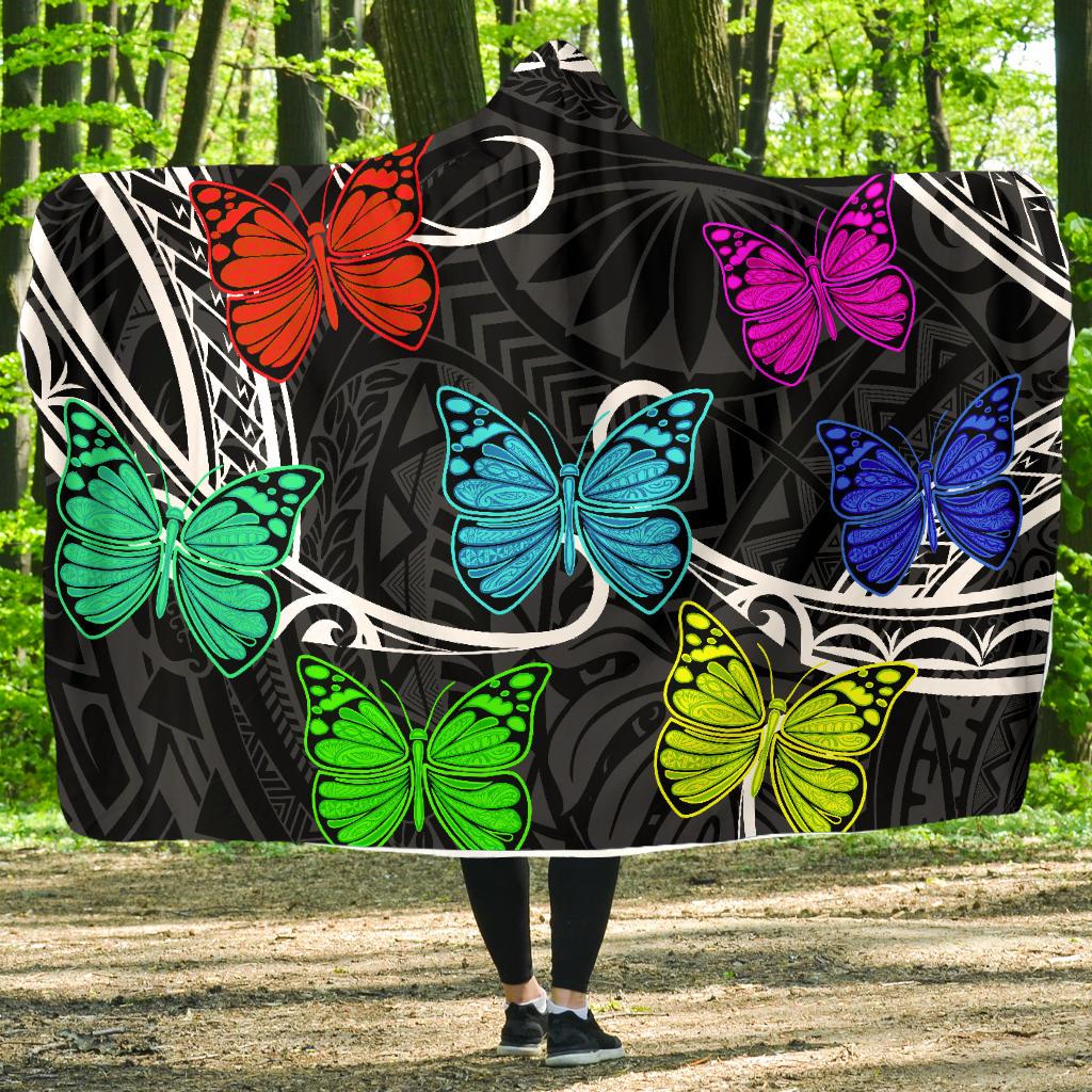 Hawaii Polynesian Butterflies Hooded Blanket Hooded Blanket Black - Polynesian Pride