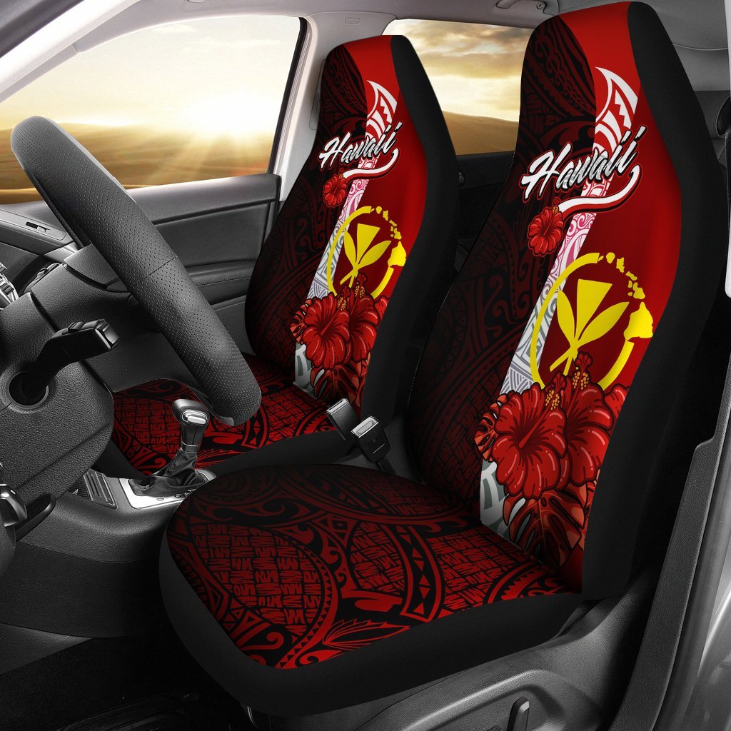 Hawaii Polynesian Car Seat Covers - Coat Of Arm With Hibiscus Universal Fit Red - Polynesian Pride