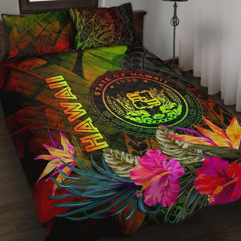 Polynesian Hawaii Polynesian Quilt Bed Set - Hibiscus and Banana Leaves Art - Polynesian Pride