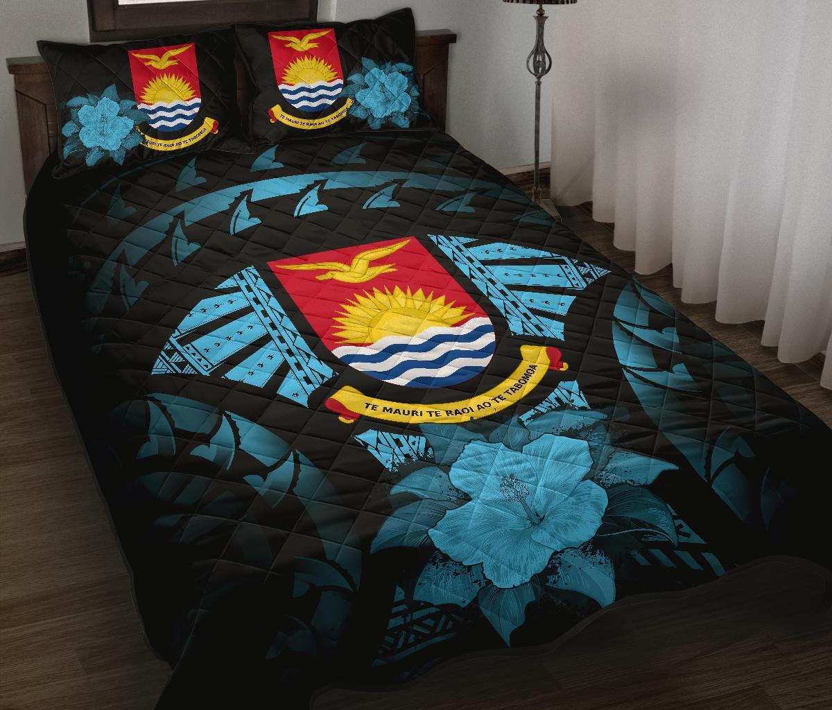 Kiribati Polynesian Quilt Bed Set Hibiscus Blue Black - Polynesian Pride