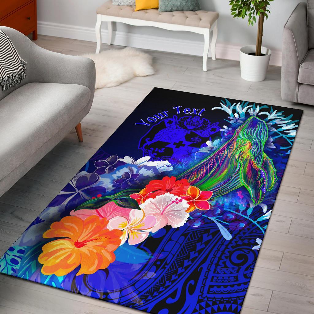 Tonga Custom Personalised Area Rug - Humpback Whale with Tropical Flowers (Blue) Blue - Polynesian Pride