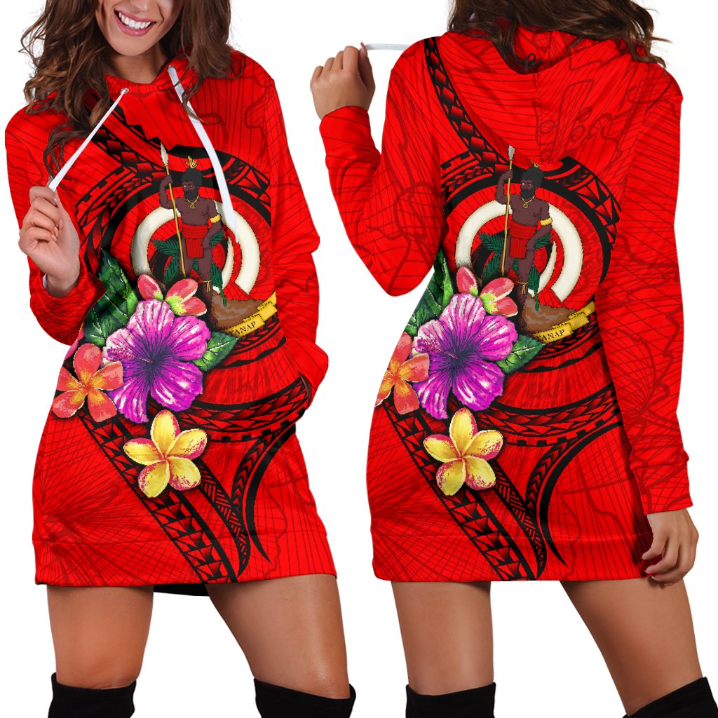 Vanuatu Polynesian Women's Hoodie Dress - Floral With Seal Red Red - Polynesian Pride