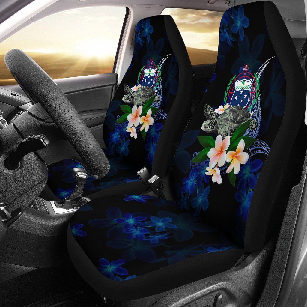Samoa Polynesian Car Seat Covers - Turtle With Plumeria Flowers Universal Fit Blue - Polynesian Pride
