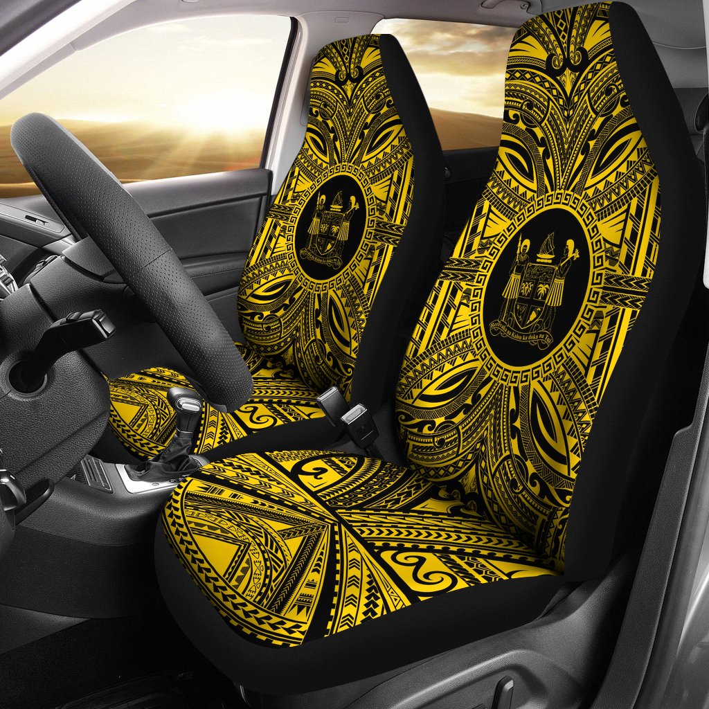 Fiji Car Seat Cover - Fiji Coat Of Arms Polynesian Gold Black Universal Fit Gold - Polynesian Pride