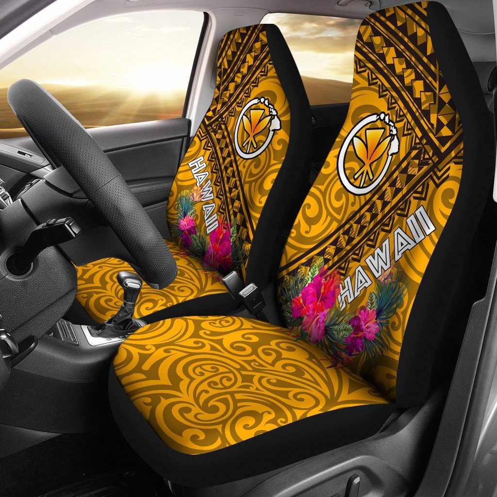 Hawaii Car Seat Covers - Kanaka Maoli With Hibiscus On Polynesian Patterns (YELLOW) Universal Fit Yellow - Polynesian Pride