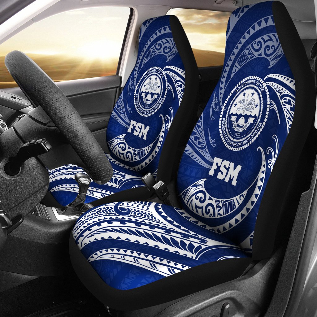 Federated States of Micronesia Car Seat Covers - Blue Tribal Wave Universal Fit Blue - Polynesian Pride