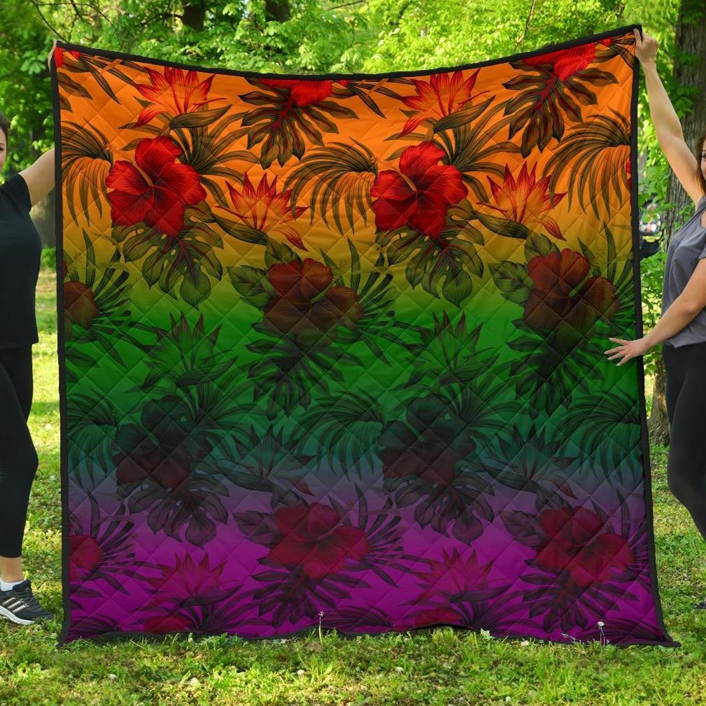 Polynesian Premium Quilt - Green Hibiscus Patterns Red - Polynesian Pride