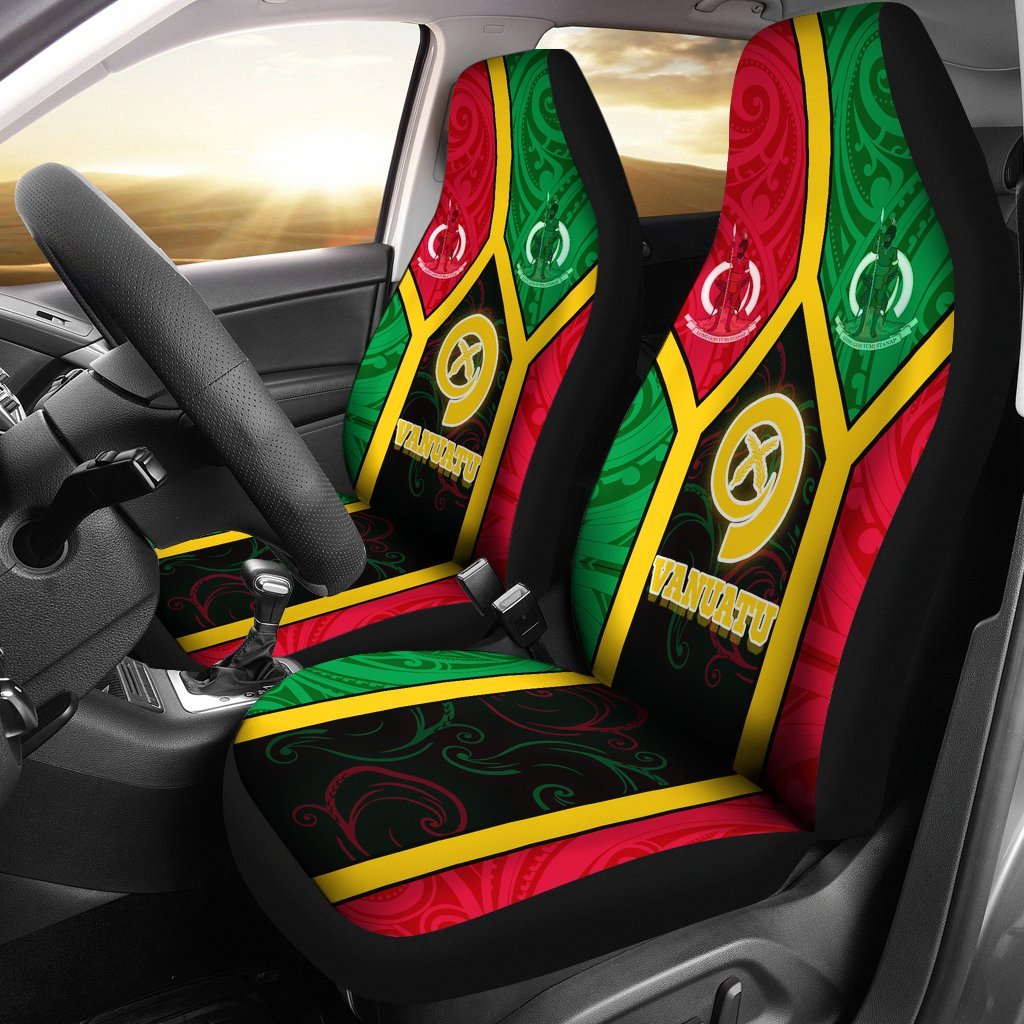 Vanuatu Polynesian Car Seat Covers - Vanuatu Flag and Coat Of Arms Universal Fit Black - Polynesian Pride