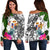 Niue Women's Off Shoulder Sweater White - Turtle Plumeria Banana Leaf White - Polynesian Pride