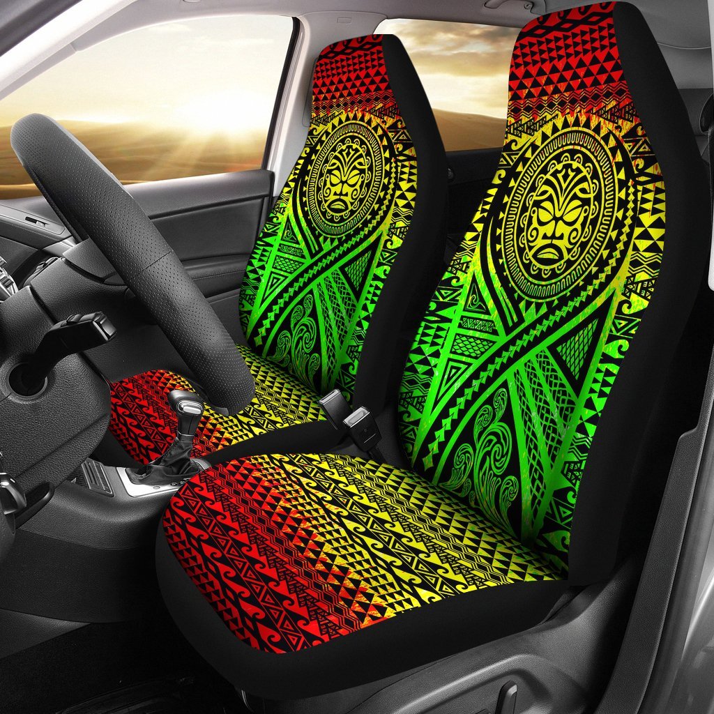 Hawaii Car Seat Covers - Tiki Face Tattoo Reggae Universal Fit Reggae - Polynesian Pride