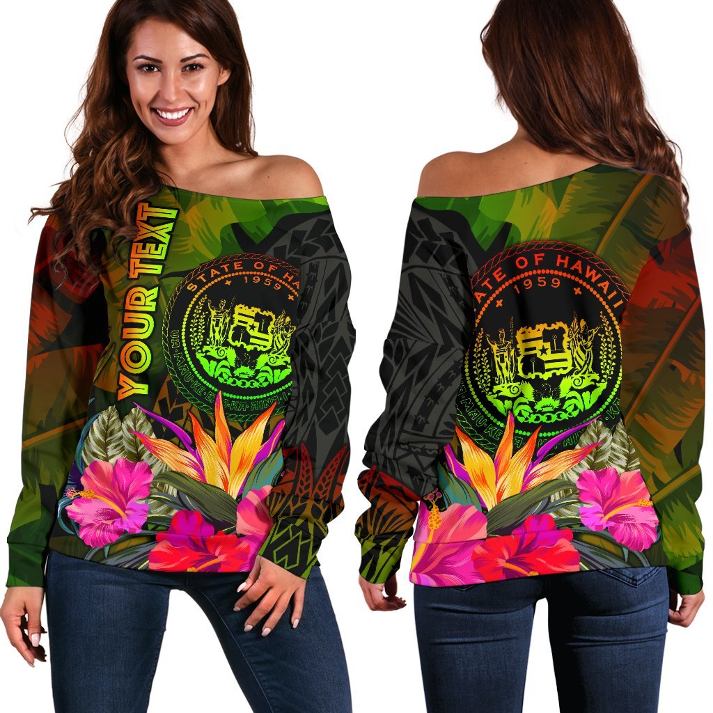 Polynesian Hawaii Polynesian Personalised Women's Off Shoulder Sweater - Hibiscus and Banana Leaves Art - Polynesian Pride