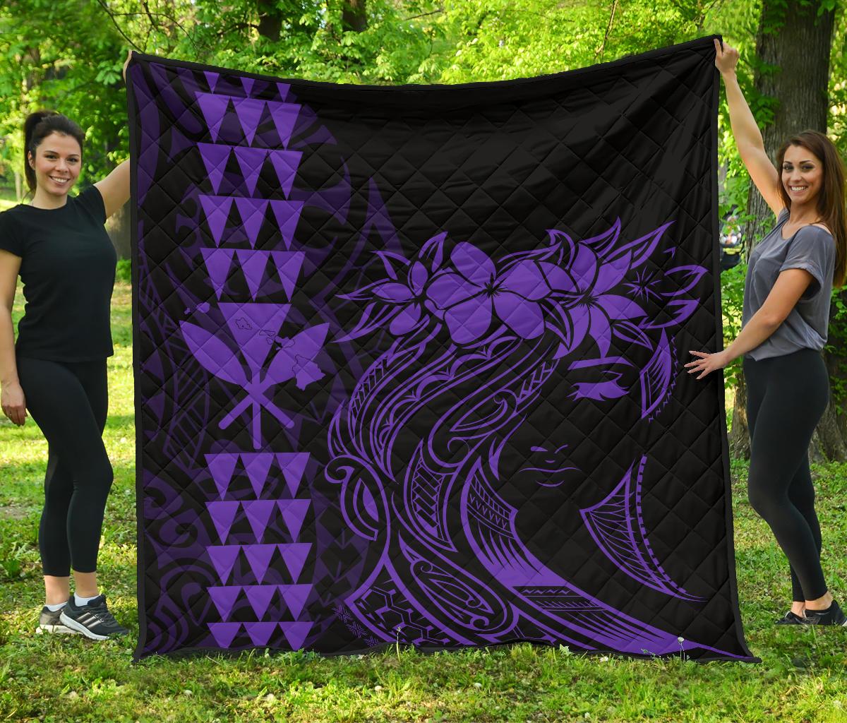 Hawaii Map Kanaka Polynesian Hula Girl Premium Quilt - Purple Purple - Polynesian Pride