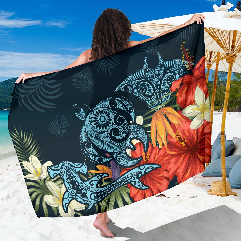 Hawaii Turtle Shark Manta Ray Hibiscus Plumeria Sarong Sarong One Size Blue - Polynesian Pride