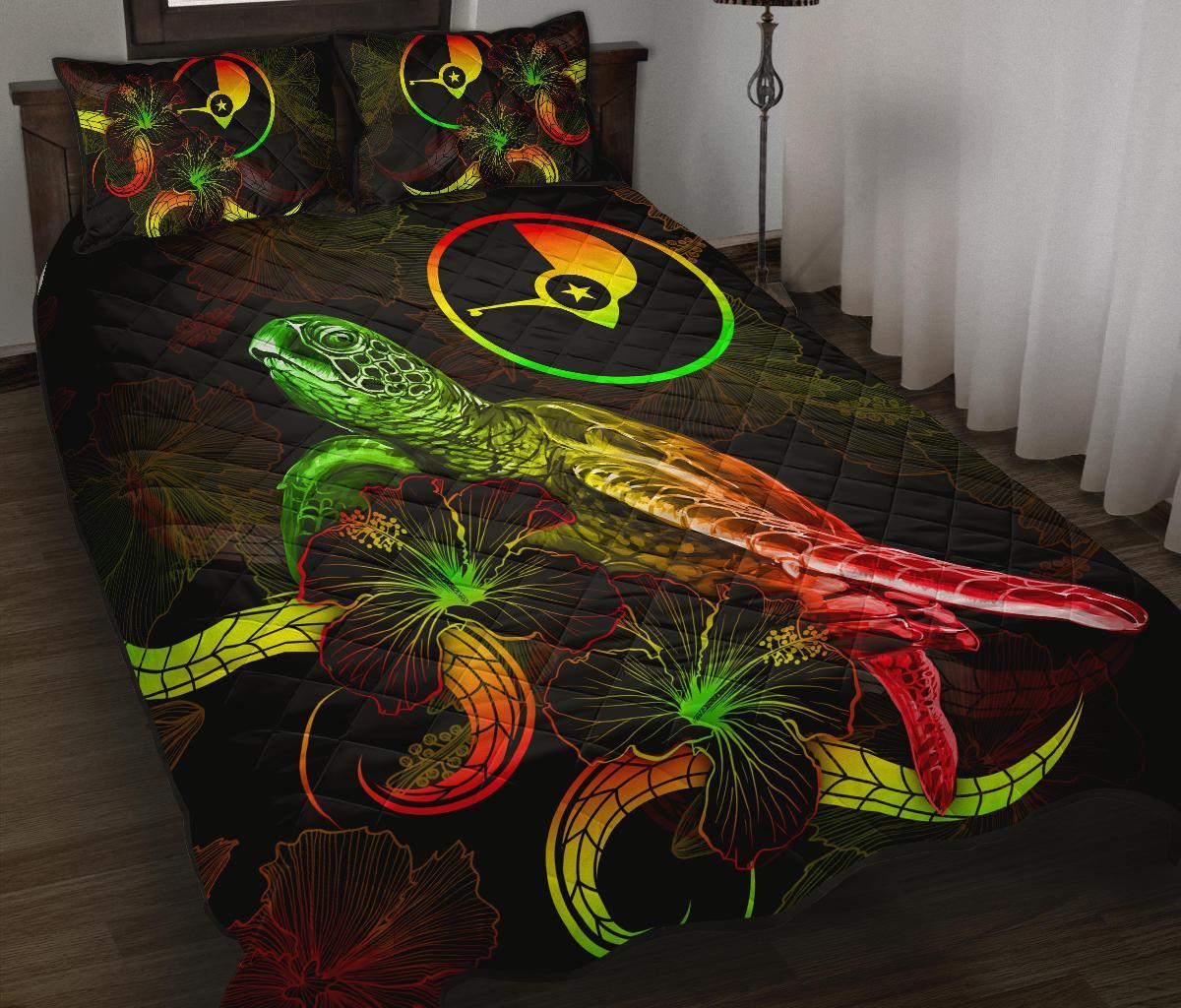 Yap Polynesian Quilt Bed Set - Turtle With Blooming Hibiscus Reggae Art - Polynesian Pride