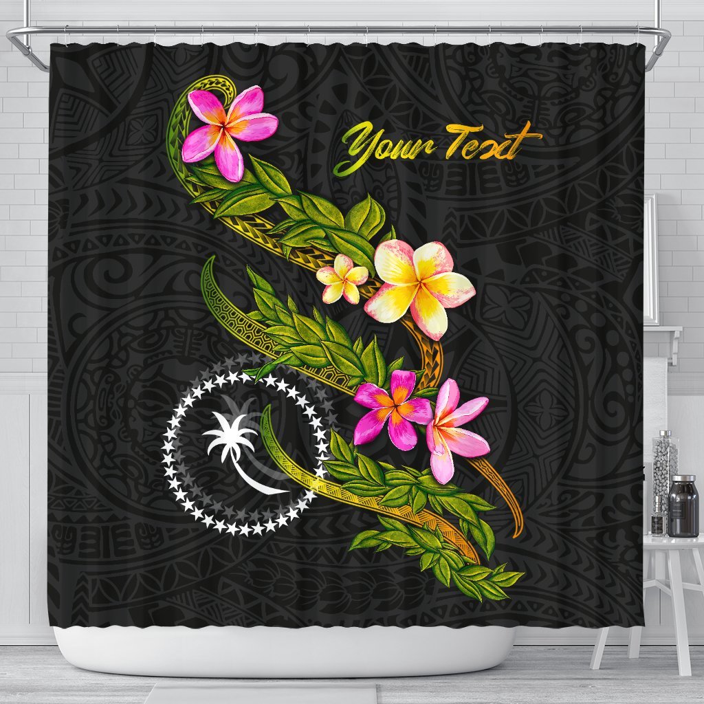 Chuuk Polynesian Custom Personalised Shower Curtain - Plumeria Tribal 177 x 172 (cm) Black - Polynesian Pride