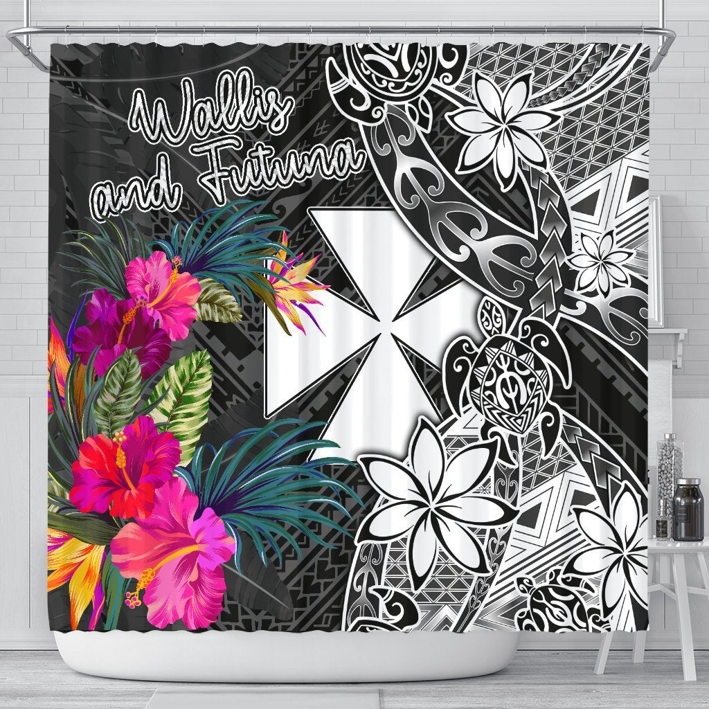 Wallis and Futuna Shower Curtain - Turtle Floral 177 x 172 (cm) BLACK - Polynesian Pride