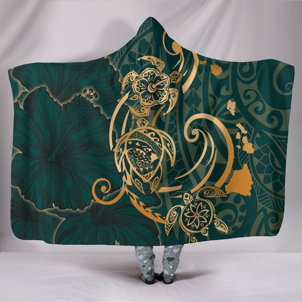 Hawaii Triple Marble Turtle Polynesian Hibiscus Hooded Blanket - AH - Benjamin Style - Green Hooded Blanket Green - Polynesian Pride