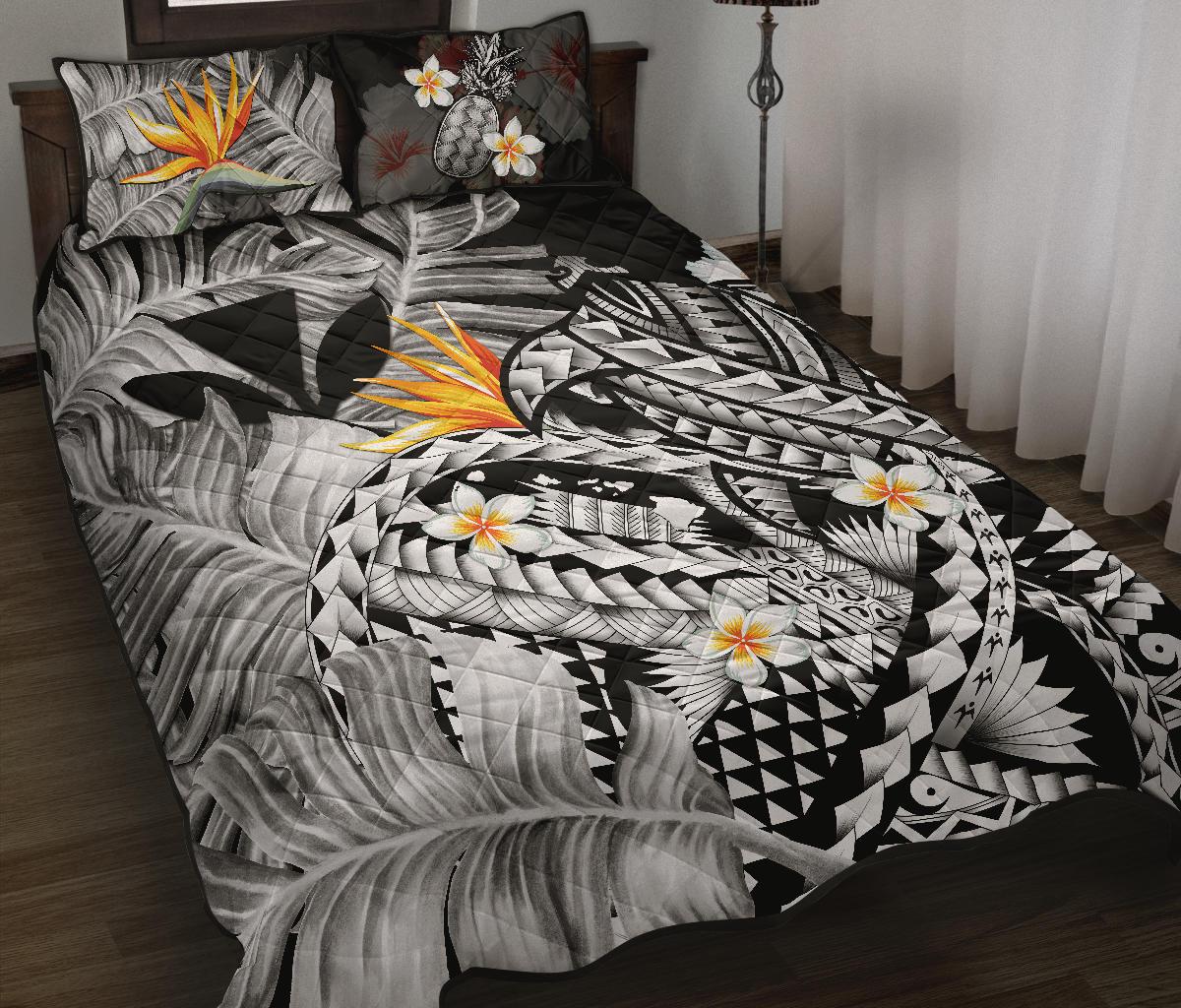 Kanaka Maoli (Hawaiian) Quilt Bed Set, Polynesian Pineapple Banana Leaves Turtle Tattoo Gray - Polynesian Pride