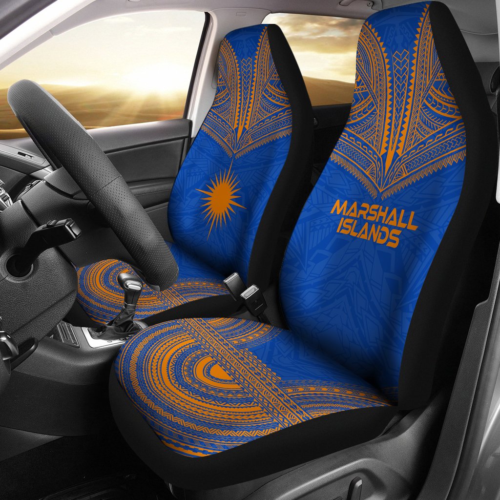 Marshall Islands Car Seat Cover - Marshall Islands Flag Polynesian Chief Tattoo Blue Version Universal Fit Blue - Polynesian Pride