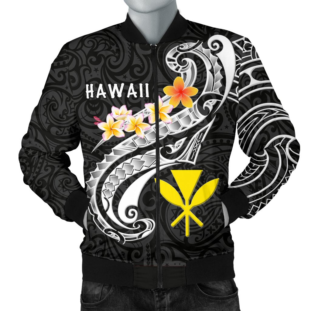 Hawaii Men's Bomber Jacket - Kanaka Maoli Polynesian Patterns Plumeria (Black) Black - Polynesian Pride