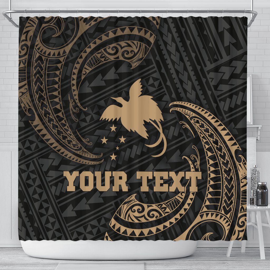 Papua New Guinea Polynesian Custom Personalised Shower Curtain - Gold Tribal Wave 177 x 172 (cm) Black - Polynesian Pride