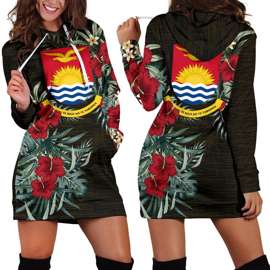 Kiribati Hoodie Dress - Kiribati Coat Of Arms Hibiscus Black - Polynesian Pride