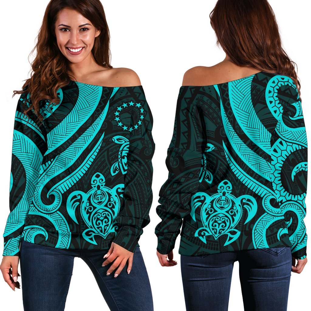 Cook Islands Women's Off Shoulder Sweater - Turquoise Tentacle Turtle Turquoise - Polynesian Pride