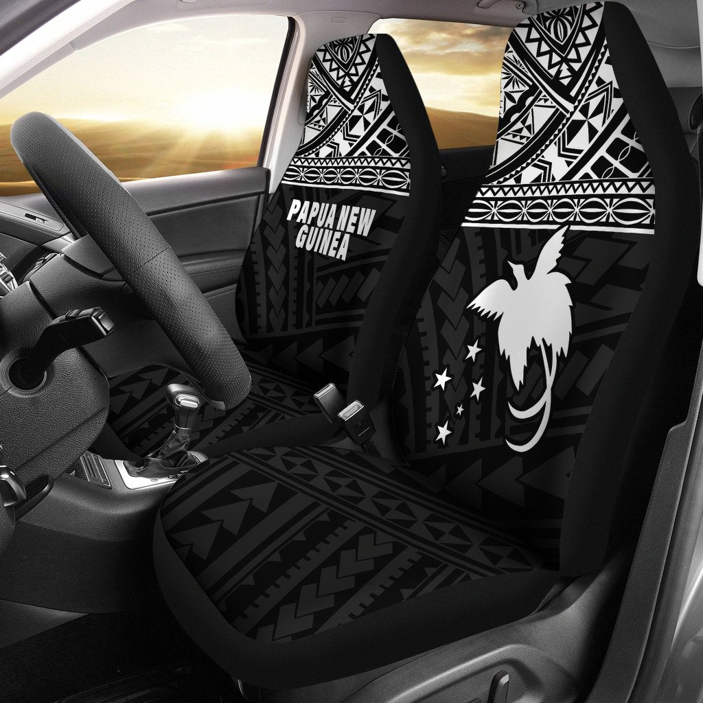 Papua New Guinea Car Seat Covers - Papua New Guinea White FLag Polynesian Tattoo Universal Fit Black - Polynesian Pride